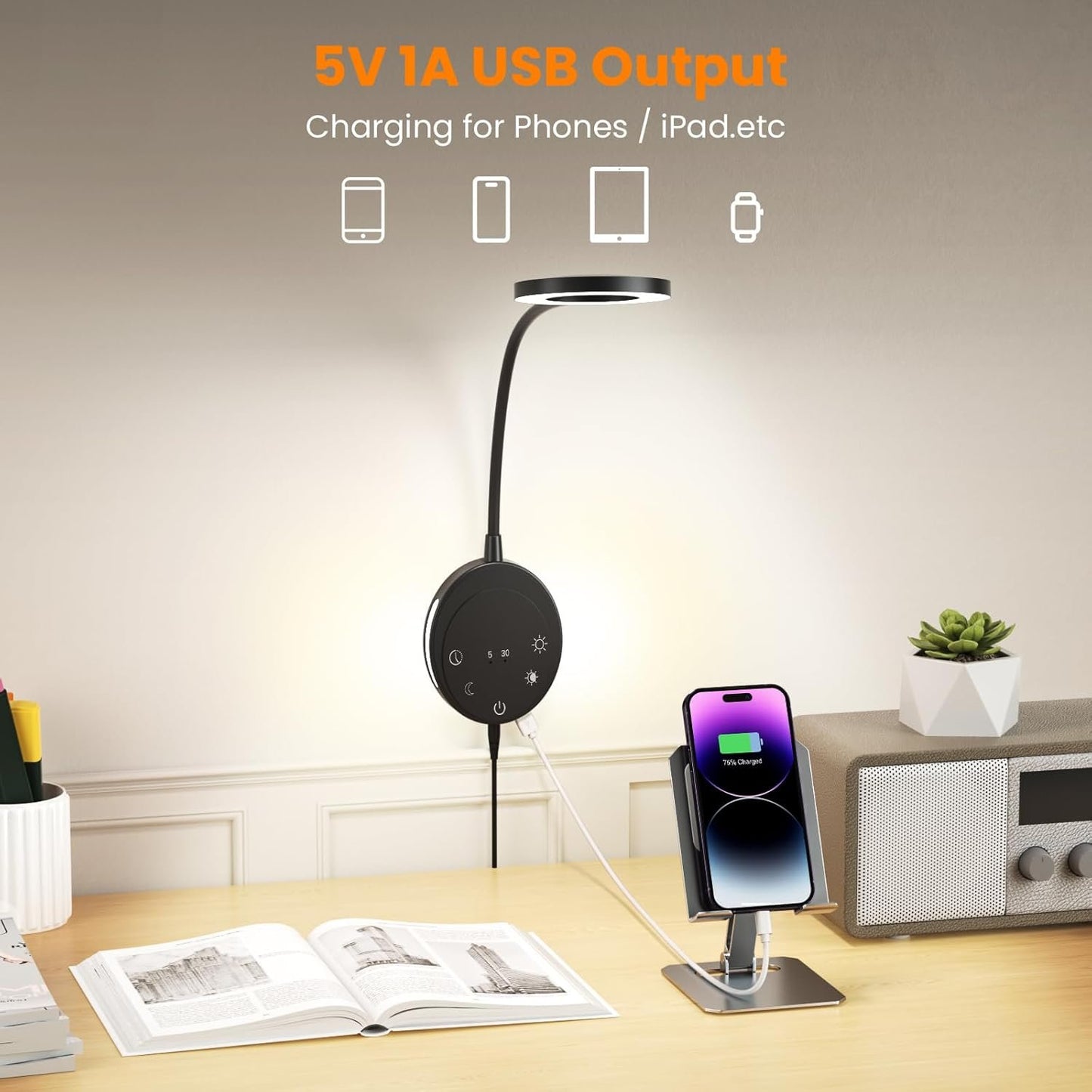 Wall Mounted Reading Light,NoeiiT Book Lights with 5 Dimming,Bedside Headboard Lights Flexible Gooseneck,USB Output,Night Light & Timers Function（5/30 min, 3000K-6500K Upgrade LED Bed Lamp Black