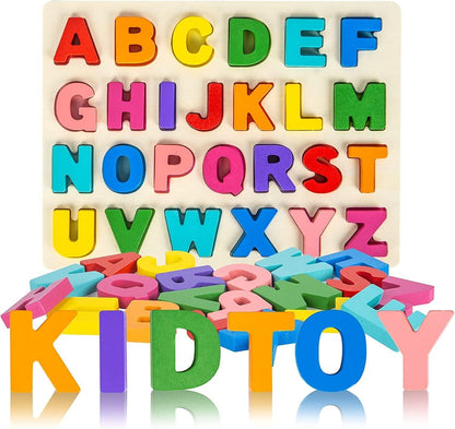 Kunmark Wooden Alphabet Puzzle ABC Jigsaws Chunky Letters Early Learning Toys for Kindergarten and Toddlers-est Educational Toy Preschool Learning, Spelling, Counting (Uppercase Letter)