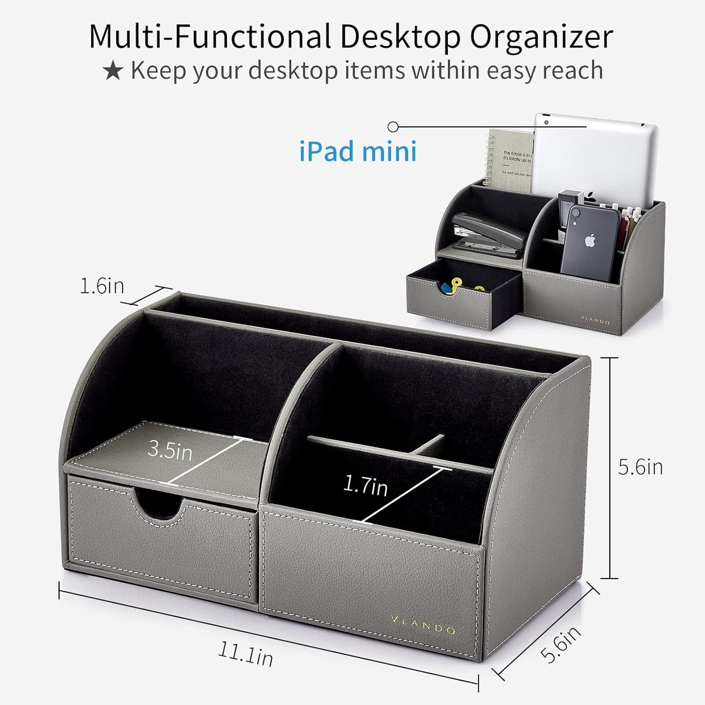 Vlando Professional Desk Organizer with Drawer, Office Supplies, 5 Compartment Desktop Storage Holder, Gray