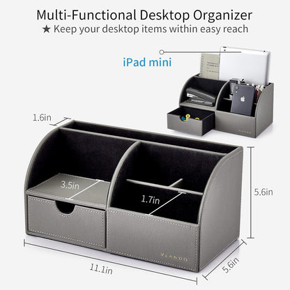 Vlando Professional Desk Organizer with Drawer, Office Supplies, 5 Compartment Desktop Storage Holder, Gray