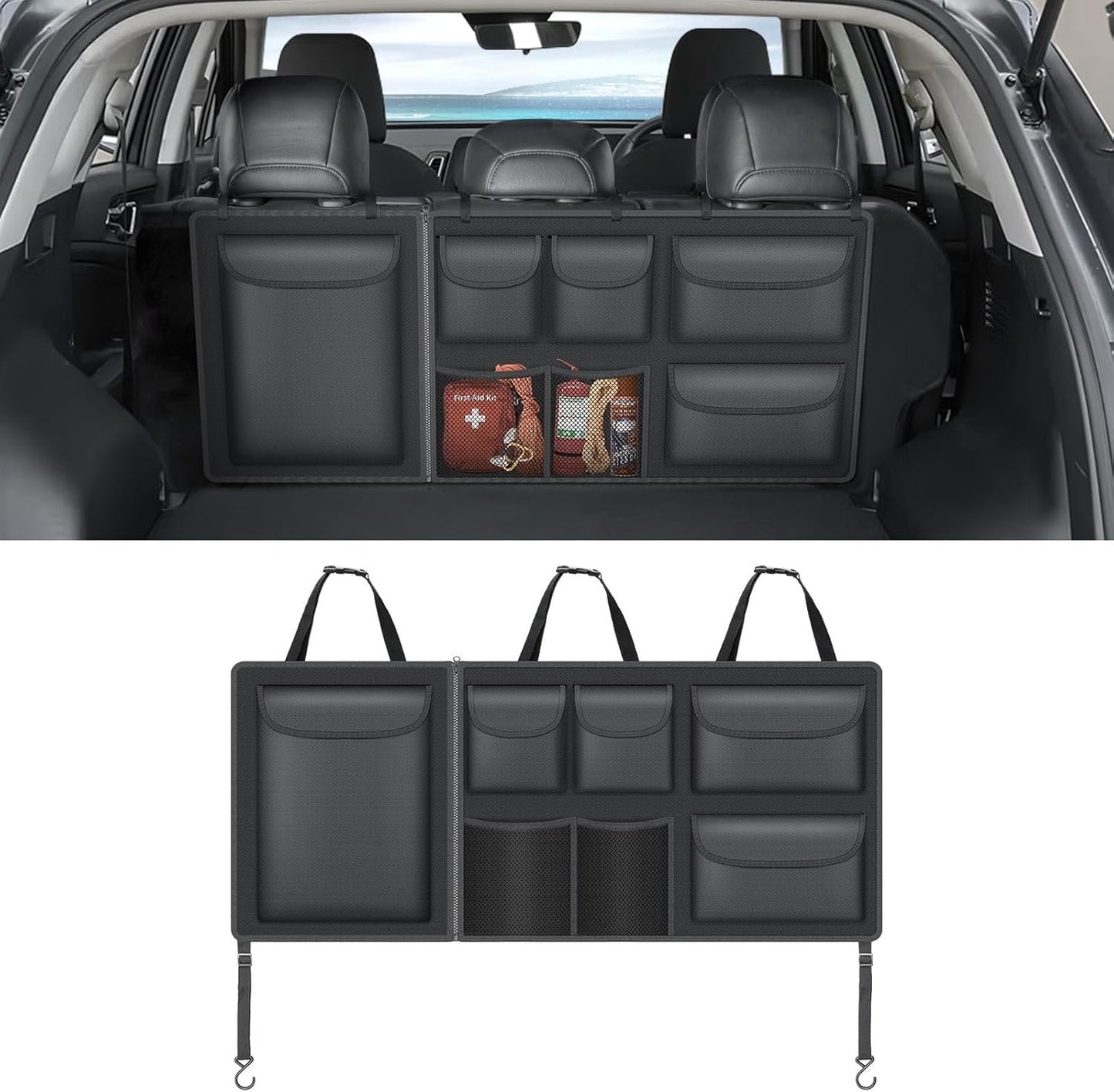 Hanging Trunk Organizer for SUV, Super Capacity Detachable Car Trunk Organizers Back Seat, Foldable Cargo Storage Bag with 7 Pockets & Adjustable Straps for SUVs, Jeeps, Minivans, Maximize Your Space
