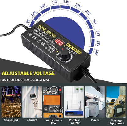 3A 108W Adjustable Power Supply, 9V-36V Universal Adjustable 100V-240V AC to DC Power Adapter with 14 Tips and Polarity Cable for Home Electronics, LED Strips