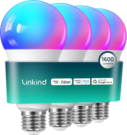 Linkind Smart Light Bulbs, 1600LM (100W Equivalent) Smart Bulb, Work with Alexa & Google Home, RGBTW Color Changing Bulb Music Sync, 2.4GHz Wi-Fi & Bluetooth, LED Alexa Light Bulbs 14W, A21 E26, 4Pack