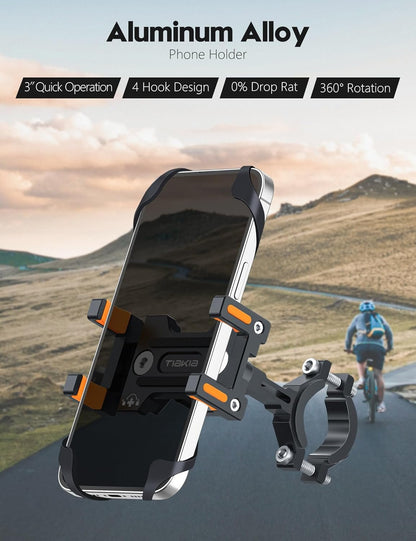 Tiakia Aluminum Bike Phone Mount【Camera Friendly 】 Universal Motorcycle Phone Mount 【Anti Shake & Anti-Theft 】 360° Rotation Bicycle Cell Phone Holder with Silicone Band for 4.5-7 inches Smartphone