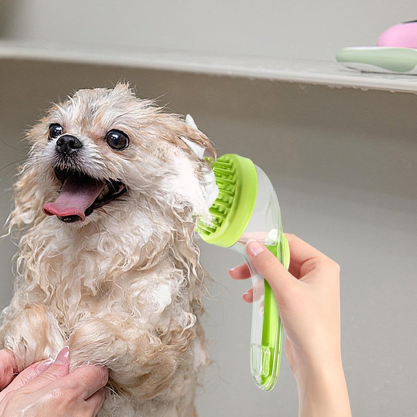 Dog Bath Brush | Dog Grooming Massage Brush with Shampoo Dispenser,Reusable Silicone Bristle Grooming Tool Cat Comb Shower Accessories for Long Short Hair Puppy Kitten