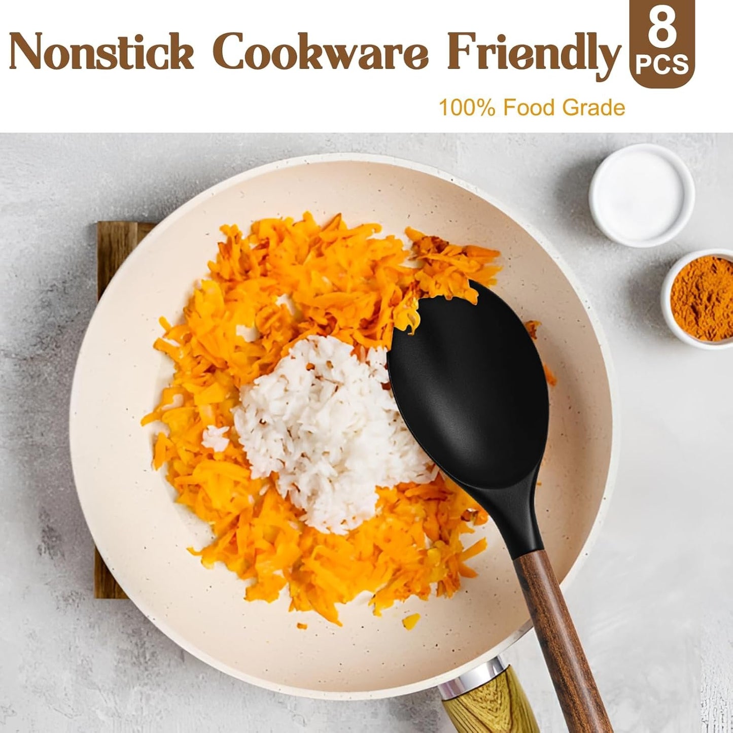 Silicone Cooking Utensils Kitchen Utensil Set - Umite Chef 9 PCS 446°F Heat Resistant Kitchen Gadgets Tools Set with Wooden Handles for Nonstick Cookware (BPA Free, Black)