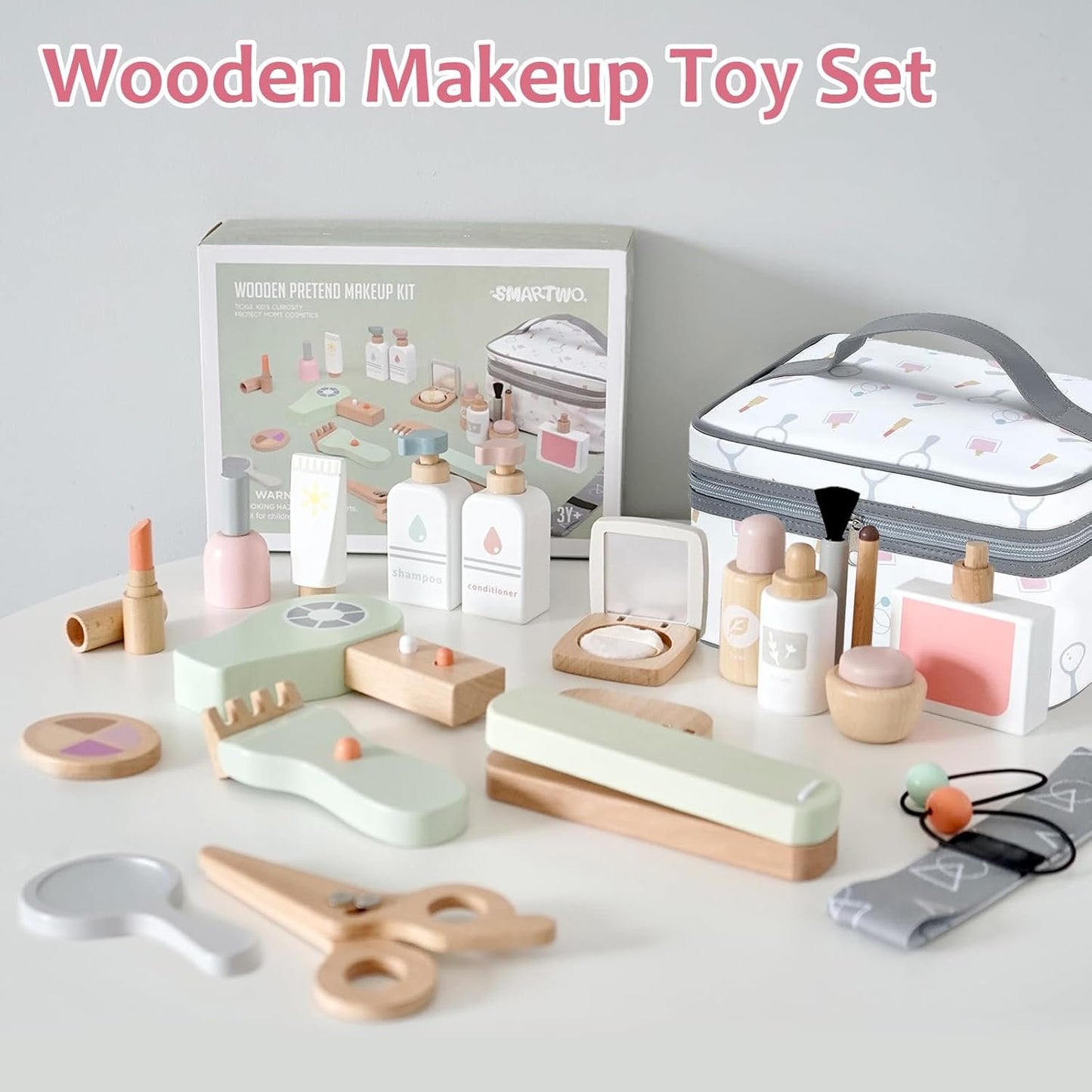 Smartwo 22 Pcs Wooden Makeup Toy Set ,Montessori Inspired Ultimate Beauty and Hair Salon Kit for Kids Pretend Play ,Kids Makeup Kit for Girl Toys for Toddler Girls Aging 2 3 4 Years Old