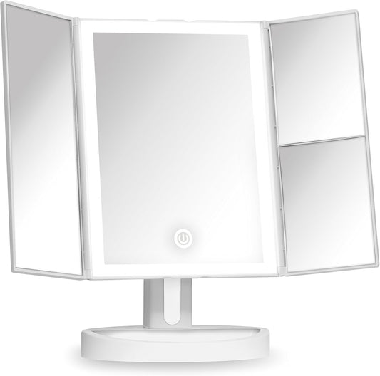 Fancii LED Lighted Vanity Makeup Mirror, Trifold Mirror with 5X and 10x Magnifications - 34 Dimmable Natural Lights, Touch Screen, Best Adjustable Countertop Mirror with Cosmetic Stand (Tria)