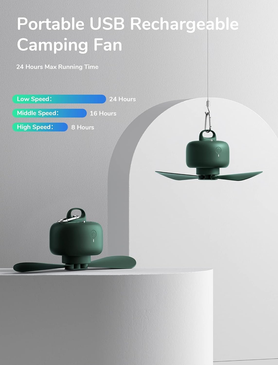 JISULIFE Camping Fan 8000mAh Rechargeable, Portable with Remote Control, Battery Operated with Detachable Fan Blades, Hanging Hook, Timer, 4 Speeds for Outdoor Dorm-Green