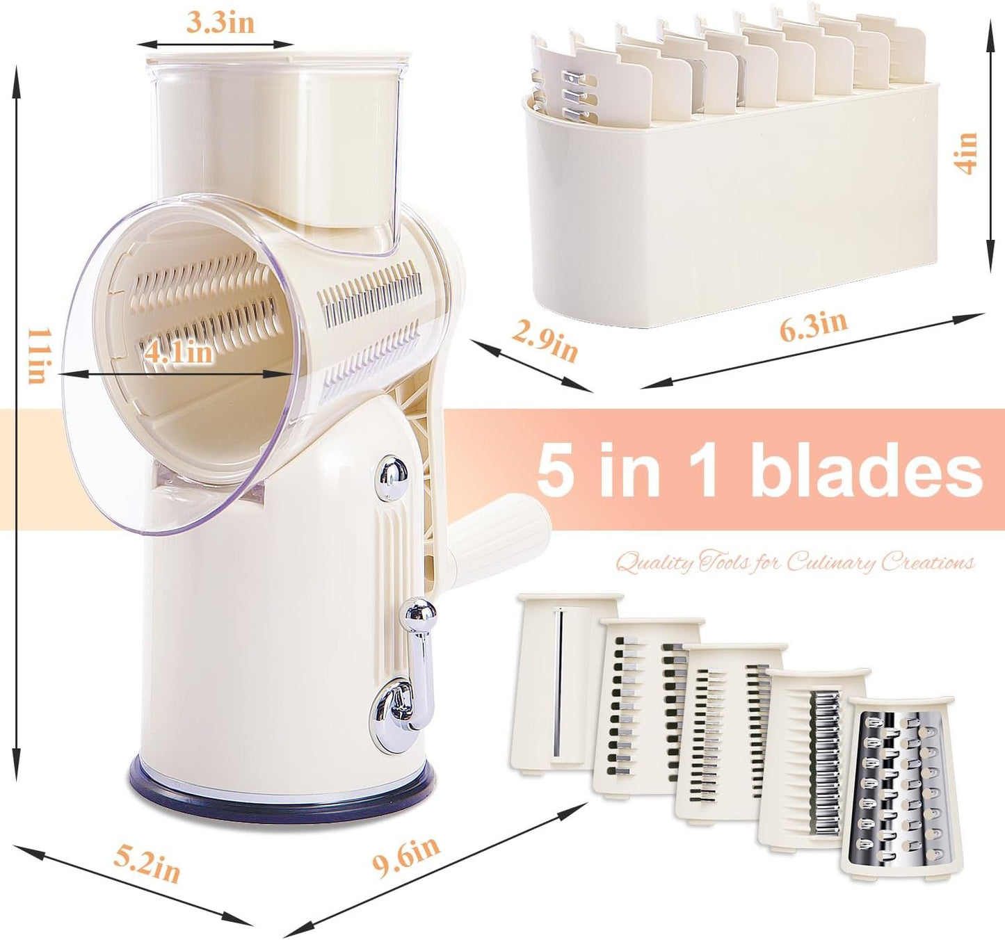 ENERGEVITY Manual Rotary Cheese Grater with Handle, 5 in 1 Replaceable Stainless Blades Cheese Shredder,Strong Suction Base Vegetable Slicer with Cleaning Brush & Bonus Storage Box for Blades (white)