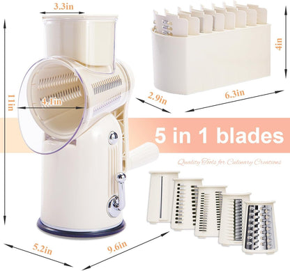 ENERGEVITY Manual Rotary Cheese Grater with Handle, 5 in 1 Replaceable Stainless Blades Cheese Shredder,Strong Suction Base Vegetable Slicer with Cleaning Brush & Bonus Storage Box for Blades (white)