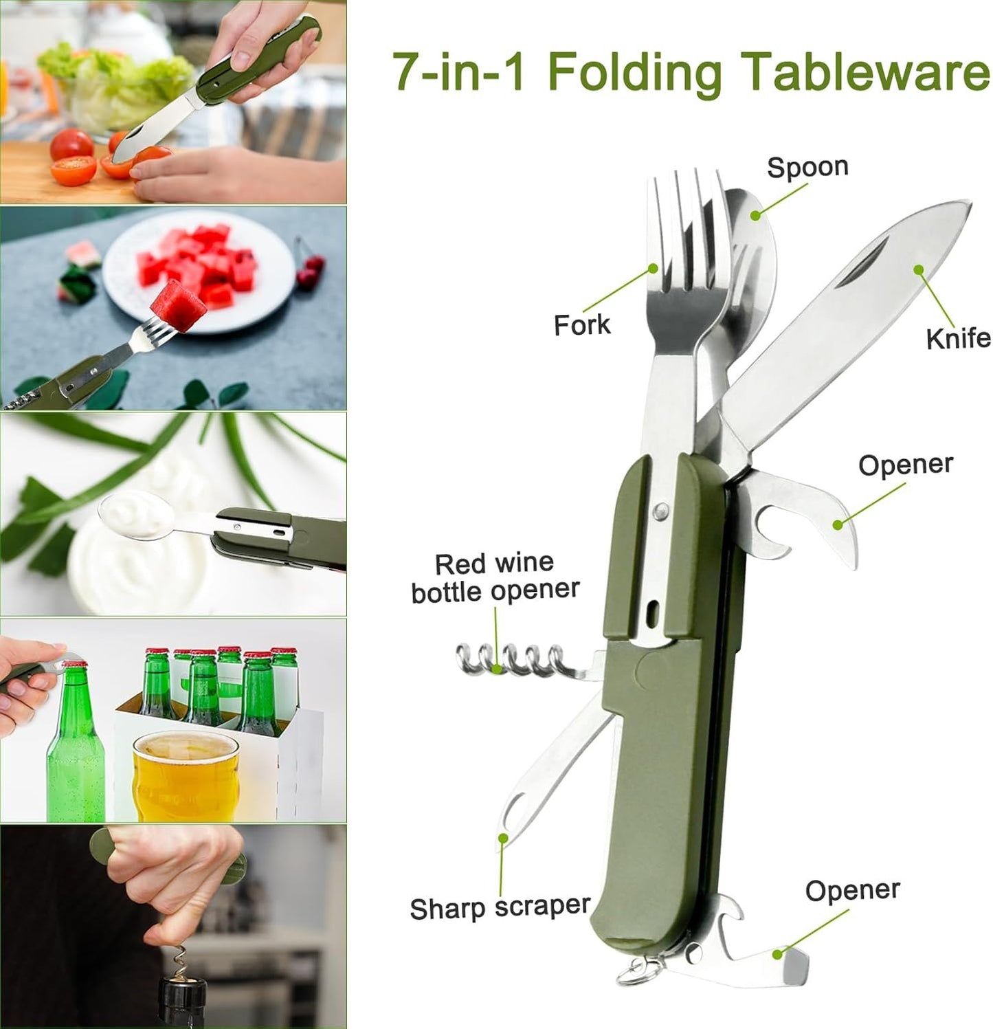 EZYoutdoor 7-in-1 Camping Utensils - Portable Stainless Steel Camping Fork Spoon Knife Set for Camping, Hiking, Picnics Outdoor Enthusiasts, and Travel - Essential Survival Utensil Tool Kit
