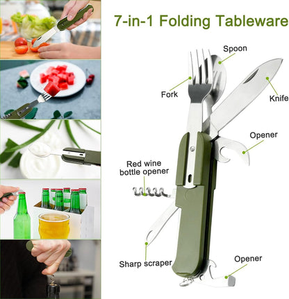 EZYoutdoor 7-in-1 Camping Utensils - Portable Stainless Steel Camping Fork Spoon Knife Set for Camping, Hiking, Picnics Outdoor Enthusiasts, and Travel - Essential Survival Utensil Tool Kit