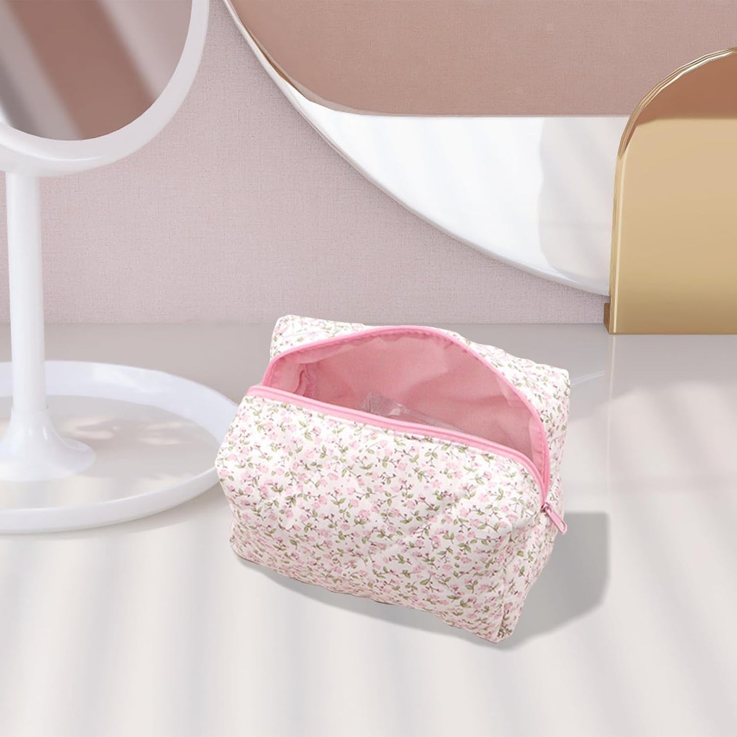 MHDUYEG Travel Cosmetic Bag, Floral Makeup Bag, Large Capacity Floral Cosmetic Bag for Women, Quilted Travel Makeup Bag, Floral Make Up Bag for Beauty Accessories (Pink), pink