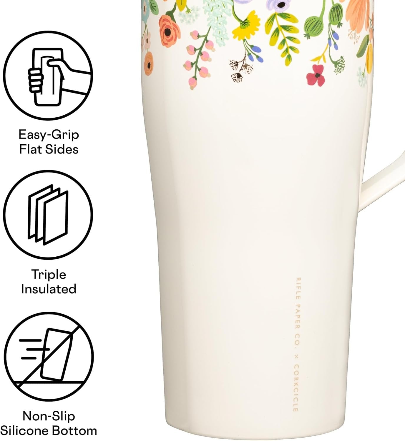 Corkcicle Rifle Paper Co. Tumbler With Straw and Handle, Reusable Water Bottle, Triple Insulated Travel Mug, BPA Free, Keeps Beverages Cold for 12 Hours & Hot for 5 Hours, Garden Party Cream, 30 oz