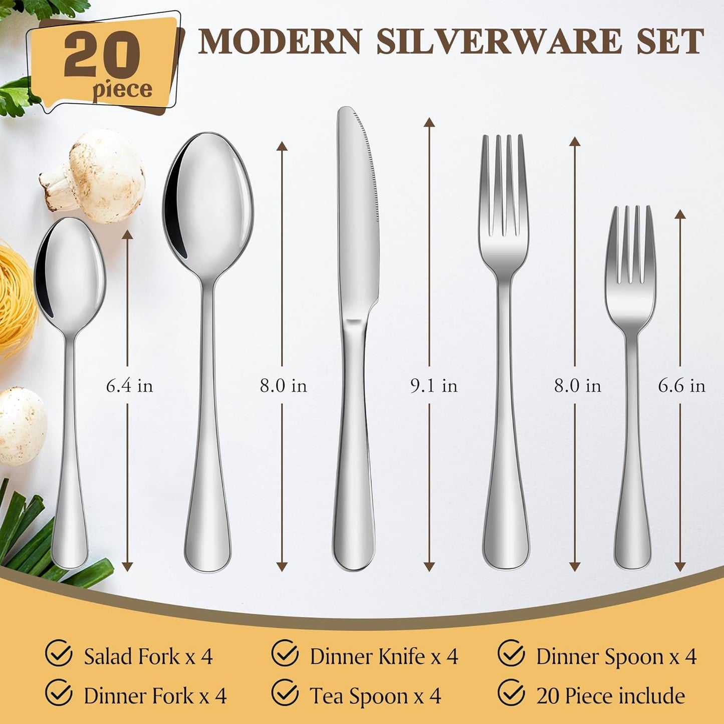 Cutlery Set, 20-Piece Modern Silverware Flatware Set, Stainless Steel Utensils Set Service for 4, Include Knife/Fork/Spoon, Mirror Polished, Dishwasher Safe