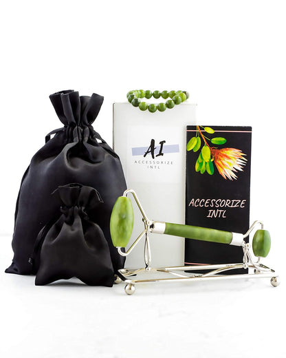 Jade Roller Deluxe Set with Bracelet, Jeweled Stand and Satin Pouches. Skin Care Facial Massage Detox Optimize Health Wellness Anti Aging Treatment Wrinkle Removal