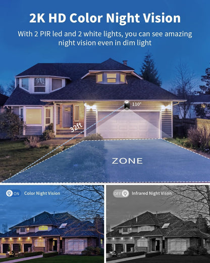 Security Cameras Wireless Outdoor, Battery Powered 2k Color Night Vision, AI Motion Detection Spotlight Siren, IP66 Weatherproof, 2-Way Talk, SD/Cloud Storage, 2.4Ghz WiFi Cameras for Home Security