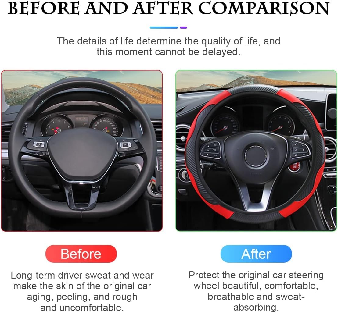 Car Steering Wheel Cover, Universal Microfiber PU Leather Elastic 15 inch Stitching Color Anti-Slip Steering Wheel Protector, Car Interior Protection Accessories Fashion Steering Wheel Cover (Red)