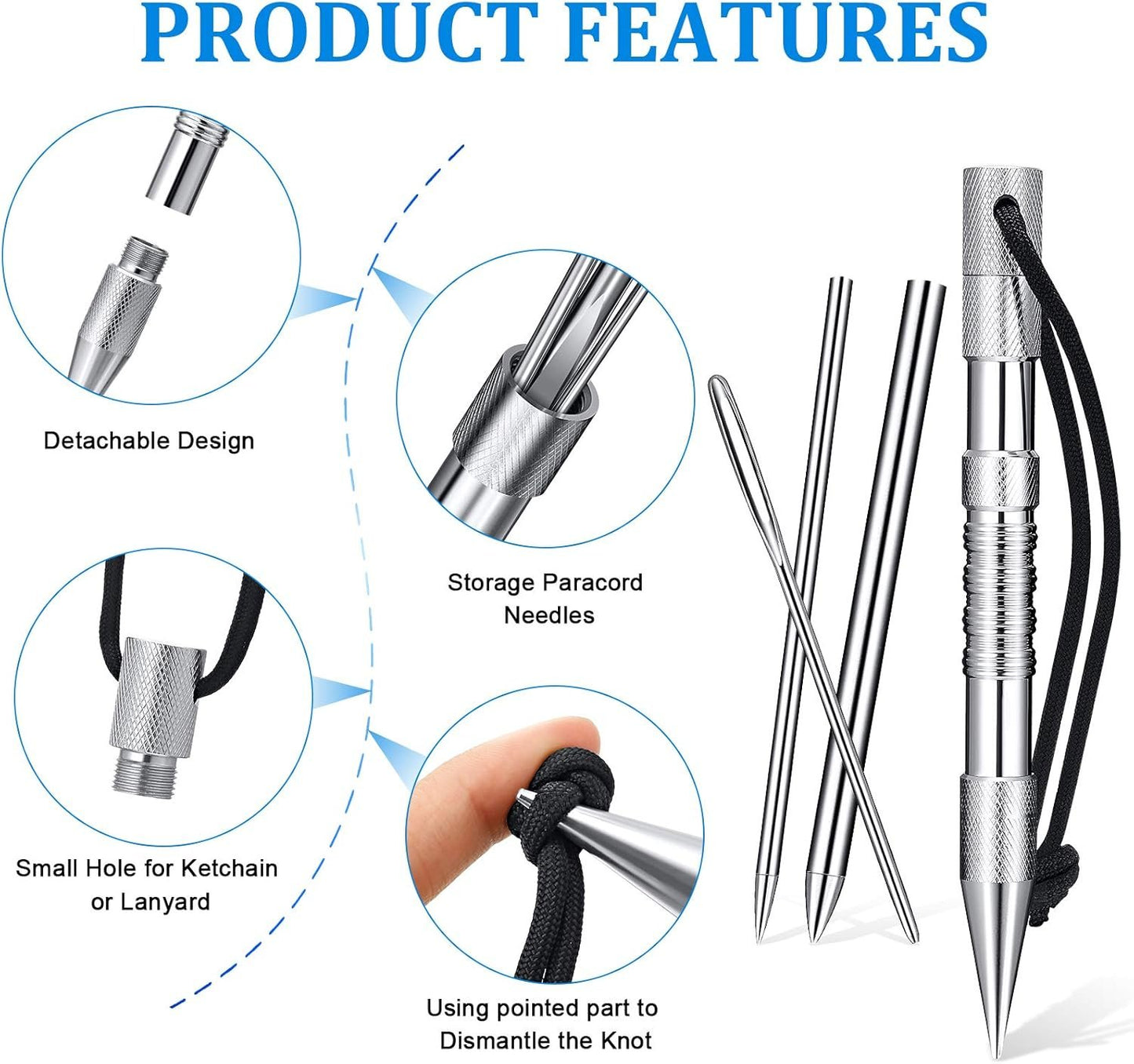 Stainless Steel FID Set Paracord FID Marlinspike Set Paracord Stitching Lacing Stitching Needles and Smoothing Tool Knotter Tools for Leather or Paracord Work (Silver)