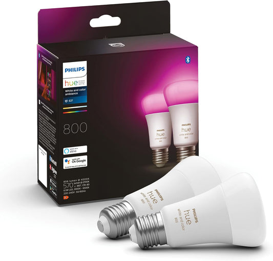 Philips Hue White and Color Ambiance Smart LED Light Bulb, E27, White or Coloured Light, 15W, Pack of 2