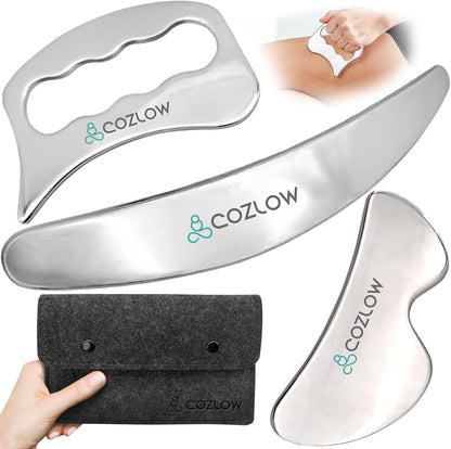 COZLOW 3 in 1 Muscle Scraper Tool Set | Stainless Steel IASTM Tool Muscle Scraper Kit for Accelerating Recovery, Reducing Muscle Soreness, and Soft Tissue Massaging