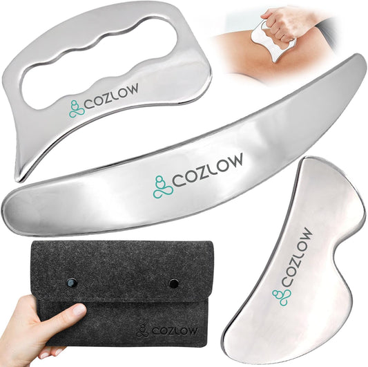 COZLOW 3 in 1 Muscle Scraper Tool Set | Stainless Steel IASTM Tool Muscle Scraper Kit for Accelerating Recovery, Reducing Muscle Soreness, and Soft Tissue Massaging