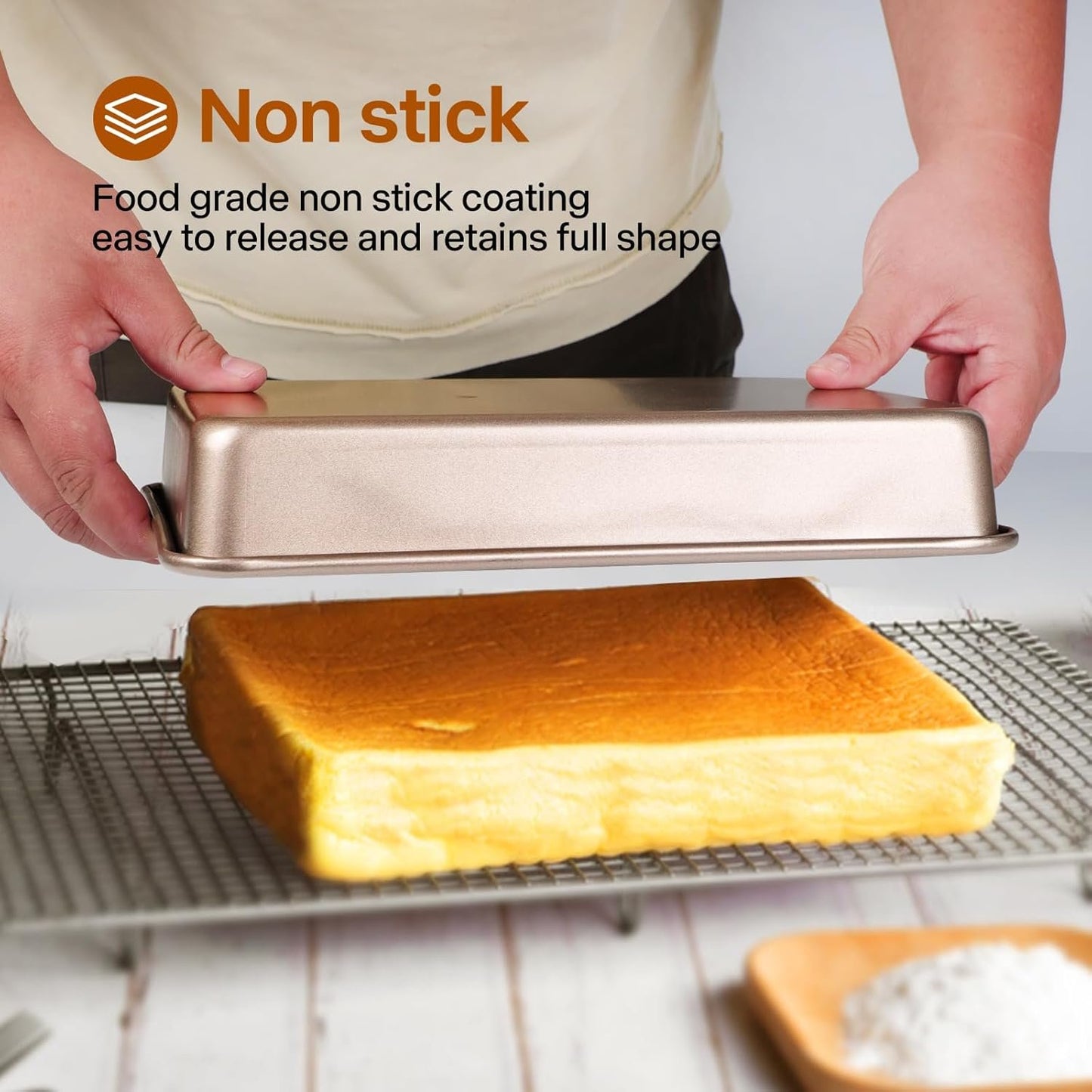 Barlket 3-Pieces Rectangle Cake Pan, Deep Baking Pans Set, Nonstick Roasting Pans Set for Thanksgiving Christmas, 9/11/13 Inch, Toaster Oven Tray Bakeware Set, Lasagna Pan Deep Size, Heavy Duty, Gold
