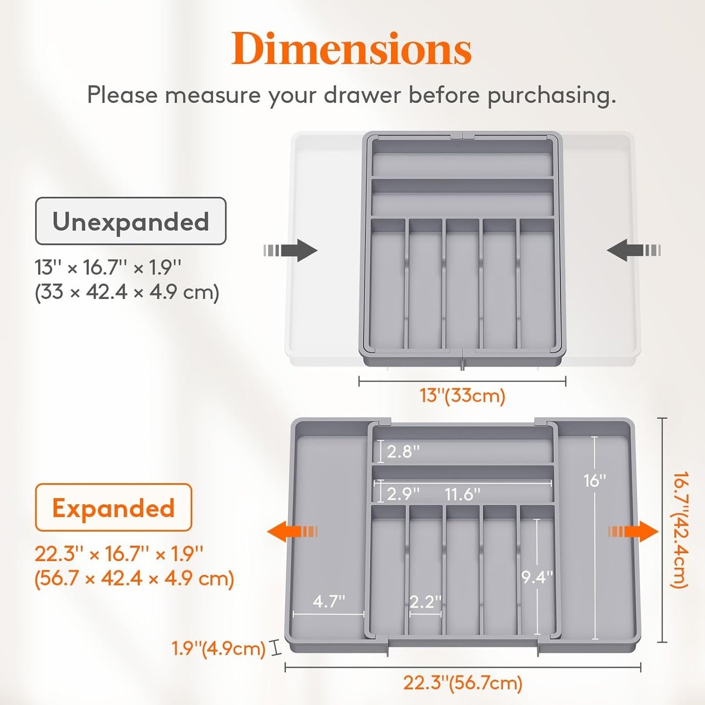 Lifewit Expandable Silverware Drawer Organizer, 16.7 inches Deep Adjustable Utensil Cutlery Tray for kitchen, Plastic Flatware Spoon Fork Knives Holder Storage Divider, 7 Compartment, 1 Pack, Gray