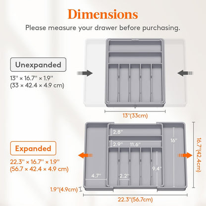 Lifewit Expandable Silverware Drawer Organizer, 16.7 inches Deep Adjustable Utensil Cutlery Tray for kitchen, Plastic Flatware Spoon Fork Knives Holder Storage Divider, 7 Compartment, 1 Pack, Gray