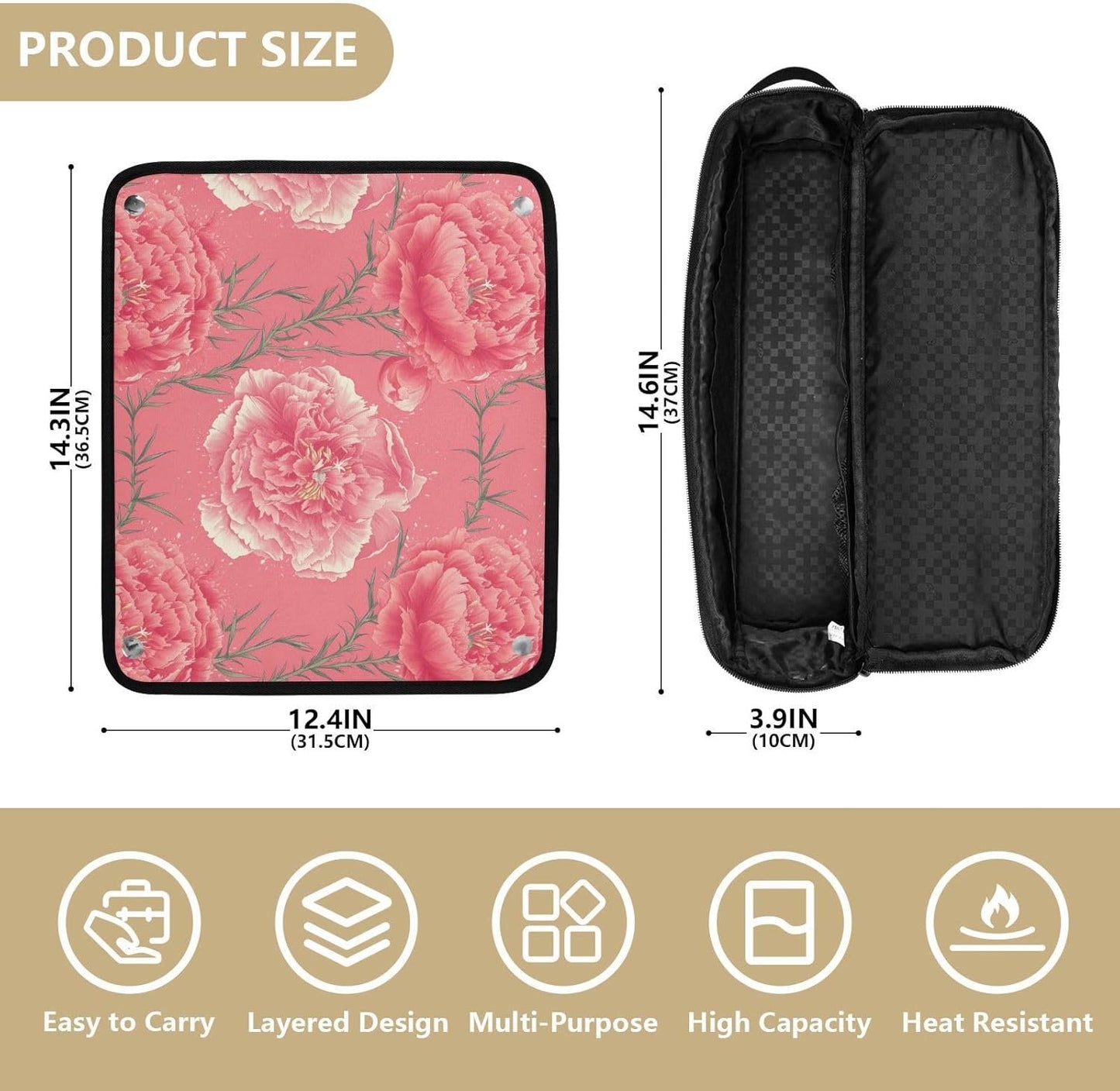 Grande garofano rosa 2 in 1 organizer per strumenti per capelli con tappetino in ferro grande custodia da viaggio per ferro piatto strumenti caldi e accessori per la cura dei capelli, essenziali da