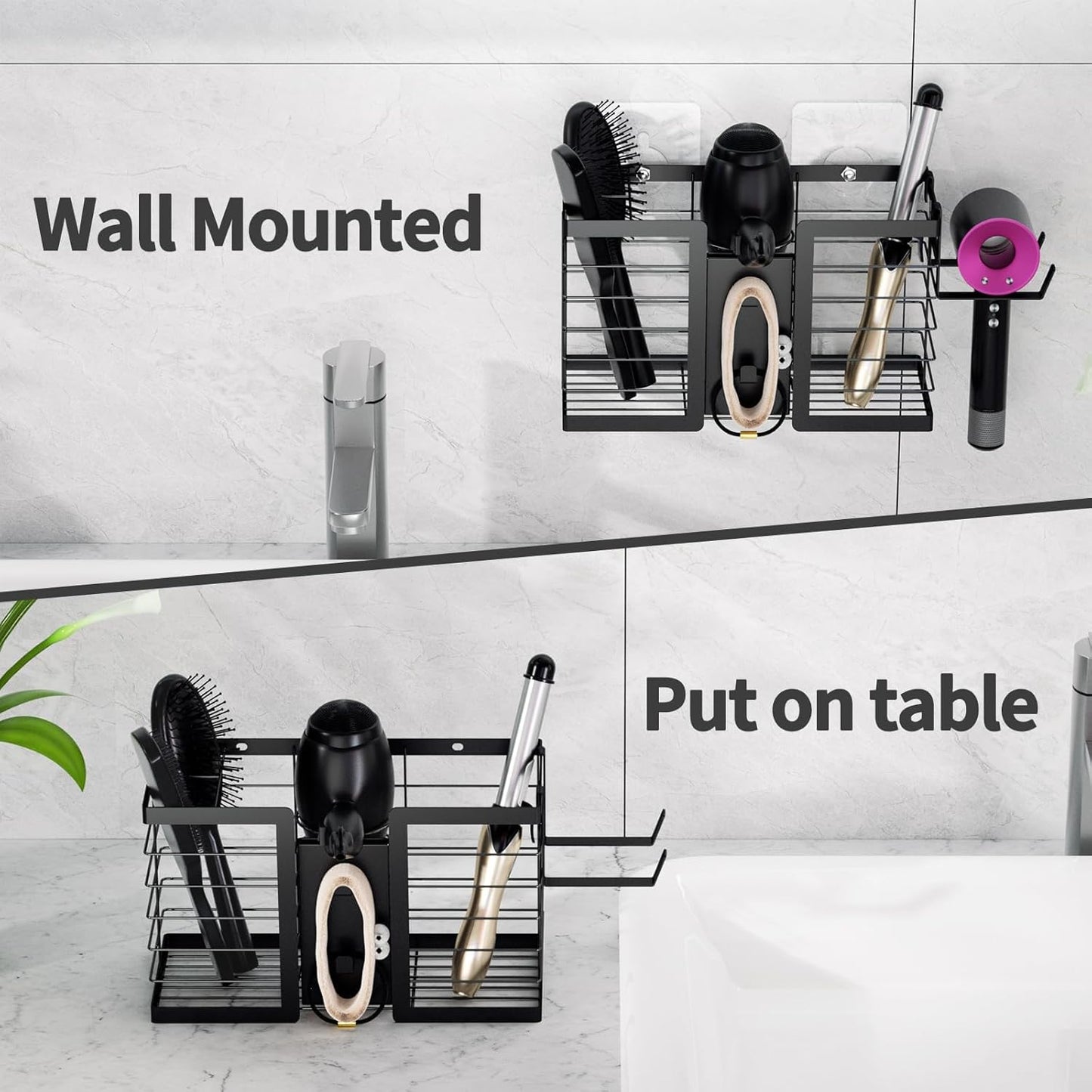 Hair Tool Organizer - Hair Dryer Holder, 3 in 1 Metal Bathroom Organizer Wall Mount for Flat Iron, Curling Iron, Straightener, Hair Care & Styling Tools Bathroom Storage and Organizer (Black)