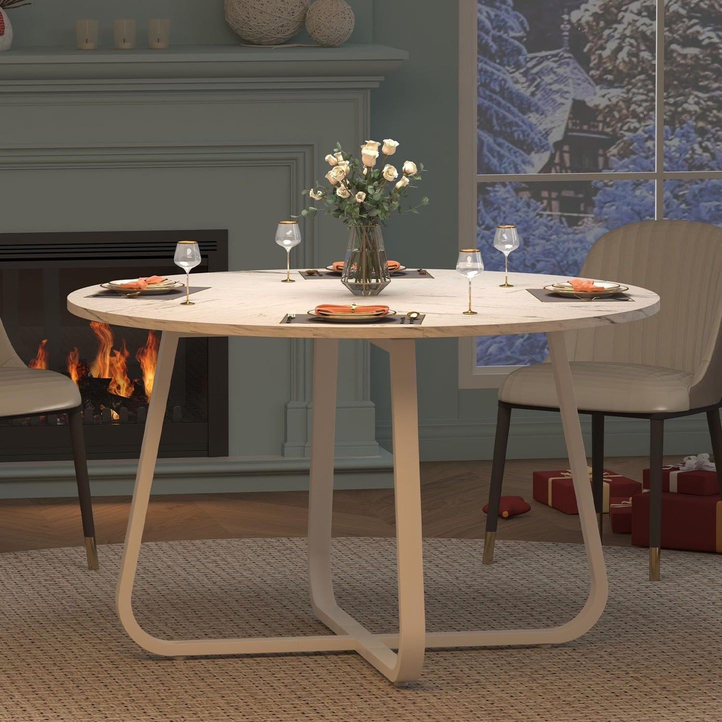 LVB White Faux Marble Round Dining Table, Circle Dining Table Kitchen 4-6 People, Mid-Century Pedestal Dinner Office Living Room, White Marble, 51 Inch
