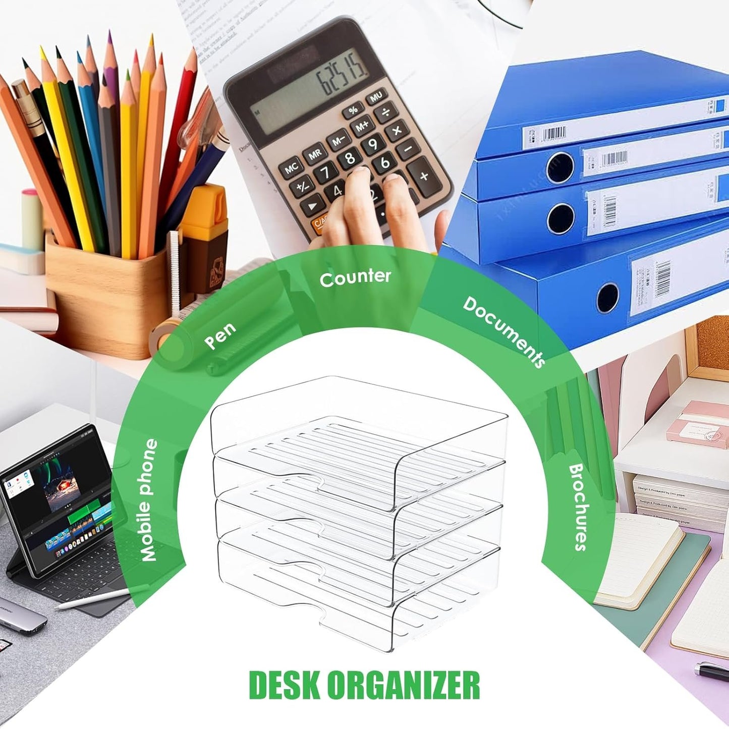 YIQXKOUY 4 Tier Acrylic Desk Organizer 12.7 x 9.8 x 5.5 Inch Acrylic Desk Organizer Tray Stackable Document Clear Desk Accessories for Office Document Workspace Desktop