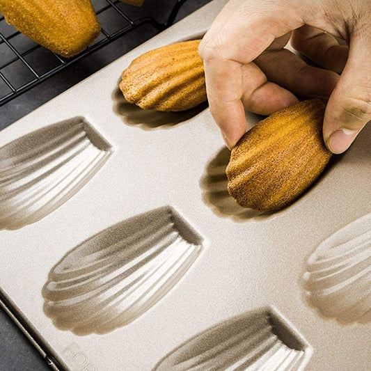 Madeleine Pans, Thicked Carbon Steel Spherical Shell Shaped Bakeware, 12-Cavity Non-Stick Madeline Cookies Pan for Oven Baking (Gold)