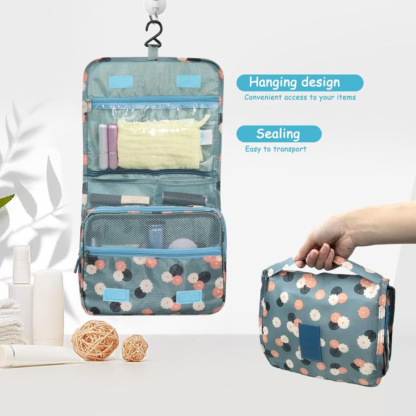 Hanging Toiletry Bag, Cosmetic Wash Bag Portable Organizer Travel Large Storage Bag, Foldable Wash Case with Carry Handle, Cute Makeup Toiletries for Adults Women Men (Blue-Flower)