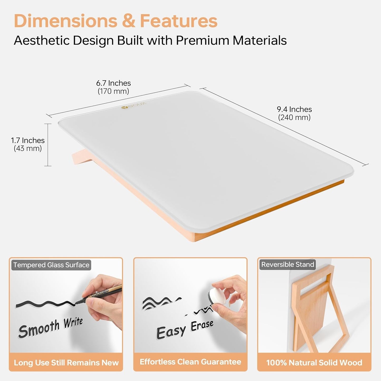 Desktop Glass Whiteboard with Reversible Wood Stand, Small White Board, Mini Dry Erase Whiteboard Easel for Desk, Reusable Desk Notepad 9.5"x6.7" for Home, Office, Accessories Included, Yeoux