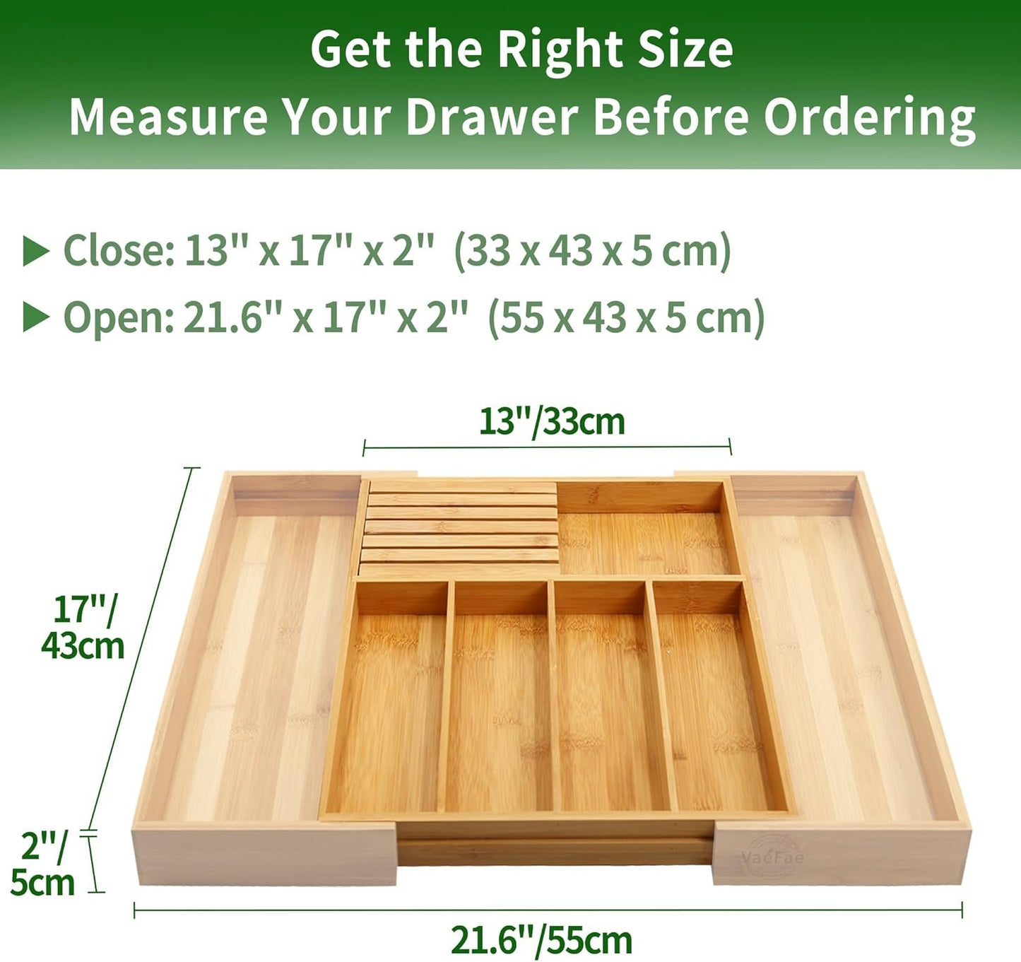 VaeFae Bamboo Cutlery Organizer for Kitchen, Wooden Utensil Drawer Organizer, Expandable Cutlery Tray, Utensil Organizer with Removable Knife Block