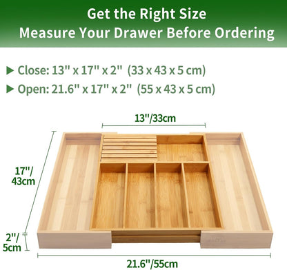 VaeFae Bamboo Cutlery Organizer for Kitchen, Wooden Utensil Drawer Organizer, Expandable Cutlery Tray, Utensil Organizer with Removable Knife Block