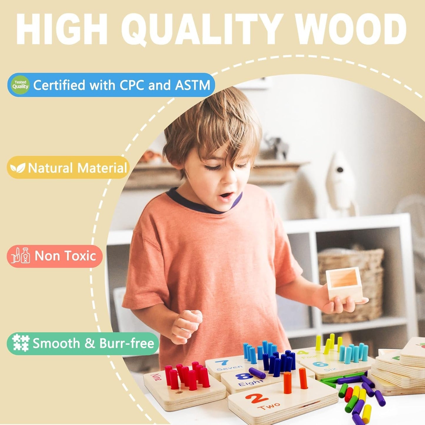 Wooden Counting Peg Board, Montessori Counting Number Peg Board, Montessori Math Toys for 3 4 5 Year Old Kids, Toddler Preschool Learning Toys, Kindergarten Homeschool Manipulatives