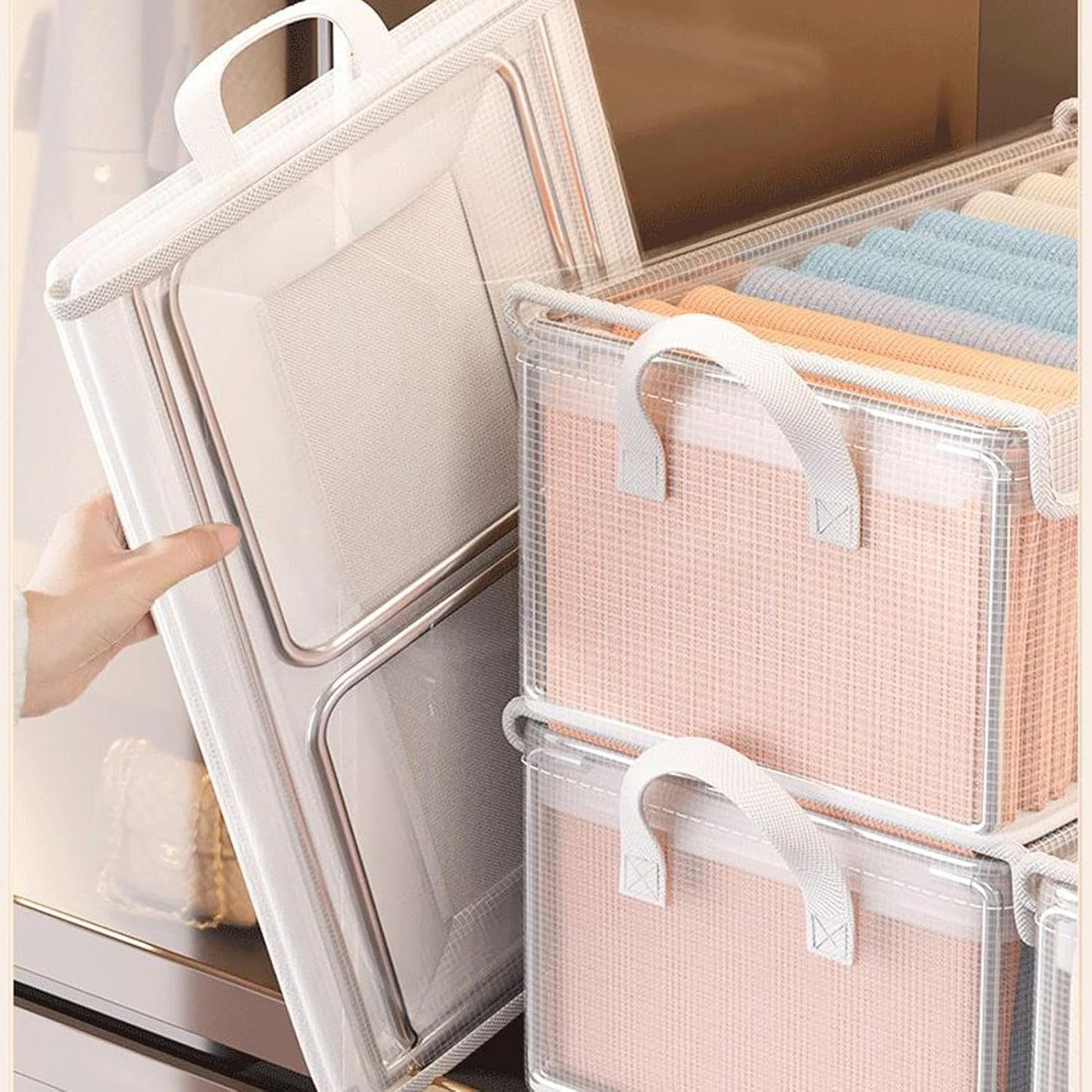 Generico Blanket Organizer, Clear Clothes Storage Organizer, Transparent Stackable Box, Ideal for Laundry Closet, Bedroom and Moving House, 11.81x9.45x6.69 inches