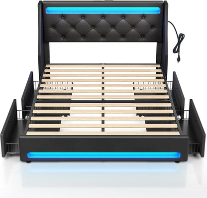 Rolanstar Queen Bed Frame with 4 Storage Drawers, Charging Station and LED Lights, Upholstered PU Leather Platform Bed with Heavy Duty Wooden Slats, No Box Spring Needed, Noise Free, Easy Assembly