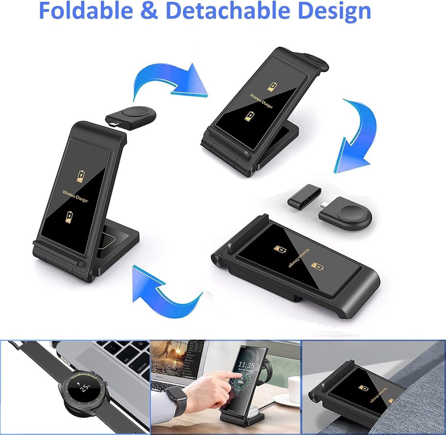 3 in 1 Wireless Charger Stand FDGAO Foldable 15W Fast Wireless Charging Station with Adapter for Samsung Galaxy S25 S24 S23 S22 S21 S20 Ultra S10 S9,Note20,Galaxy Watch 7/6/5 Pro/4/3,Galaxy Buds2 Pro