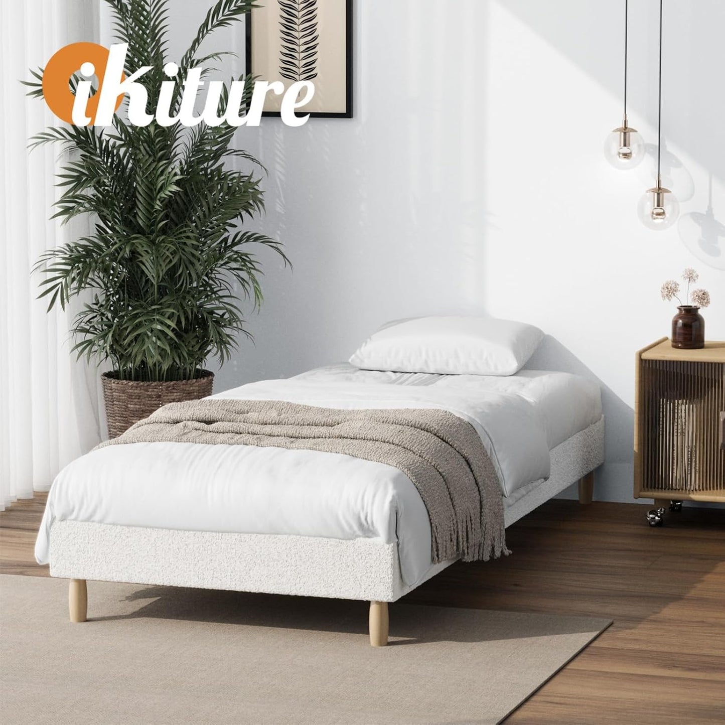 Oikiture King Single Bed Frame Boucle Bed Base White