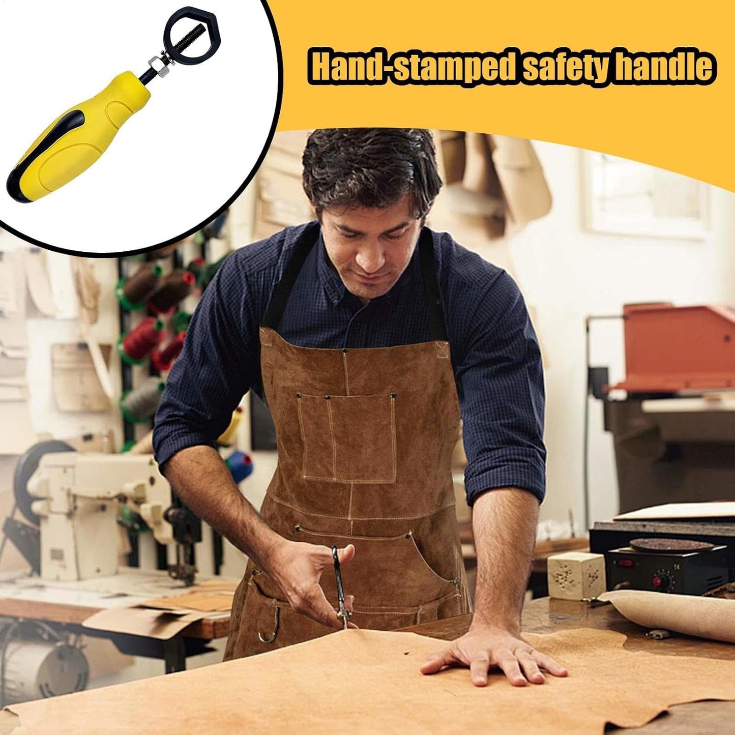 Chisel and Punch Holder Tool, Safety Handle Leather Puncher, 4.6 inches Marking Punch, Yellow Rubber Grip for Secure Use, woodworking tool blacksmith