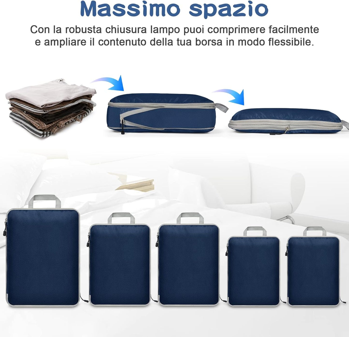 Eucomir Suitcase Organizer Set of 9 Cubes for Travel, Expandable Organizer Bags for Travel or Home Storage, Marine