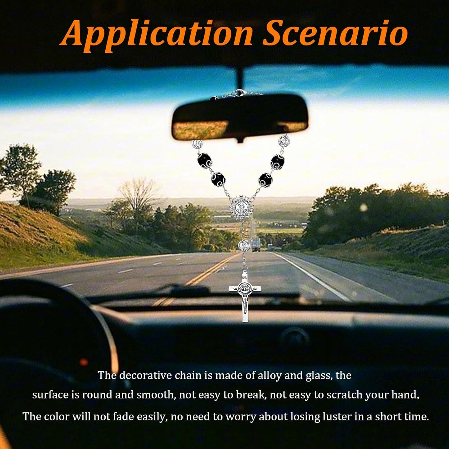 Ziciner 2 Car Rosary for Rearview Mirror, Personalized Blessing Rear View Mirror Hanging Decor, Auto Rosary Pendant, Car Interior Accessory (Black & Silver)