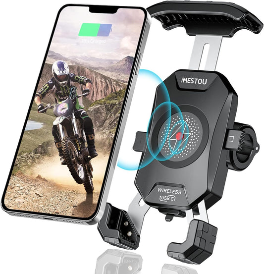 iMESTOU Motorcycle Wireless Phone Mount Charger -Motorcycle USB C 3.0 Phone Holder Qi 15W by Wiring/Plugging to USB A Socket Aluminium Handlebar Base Waterproof for 4-7" Cellphones
