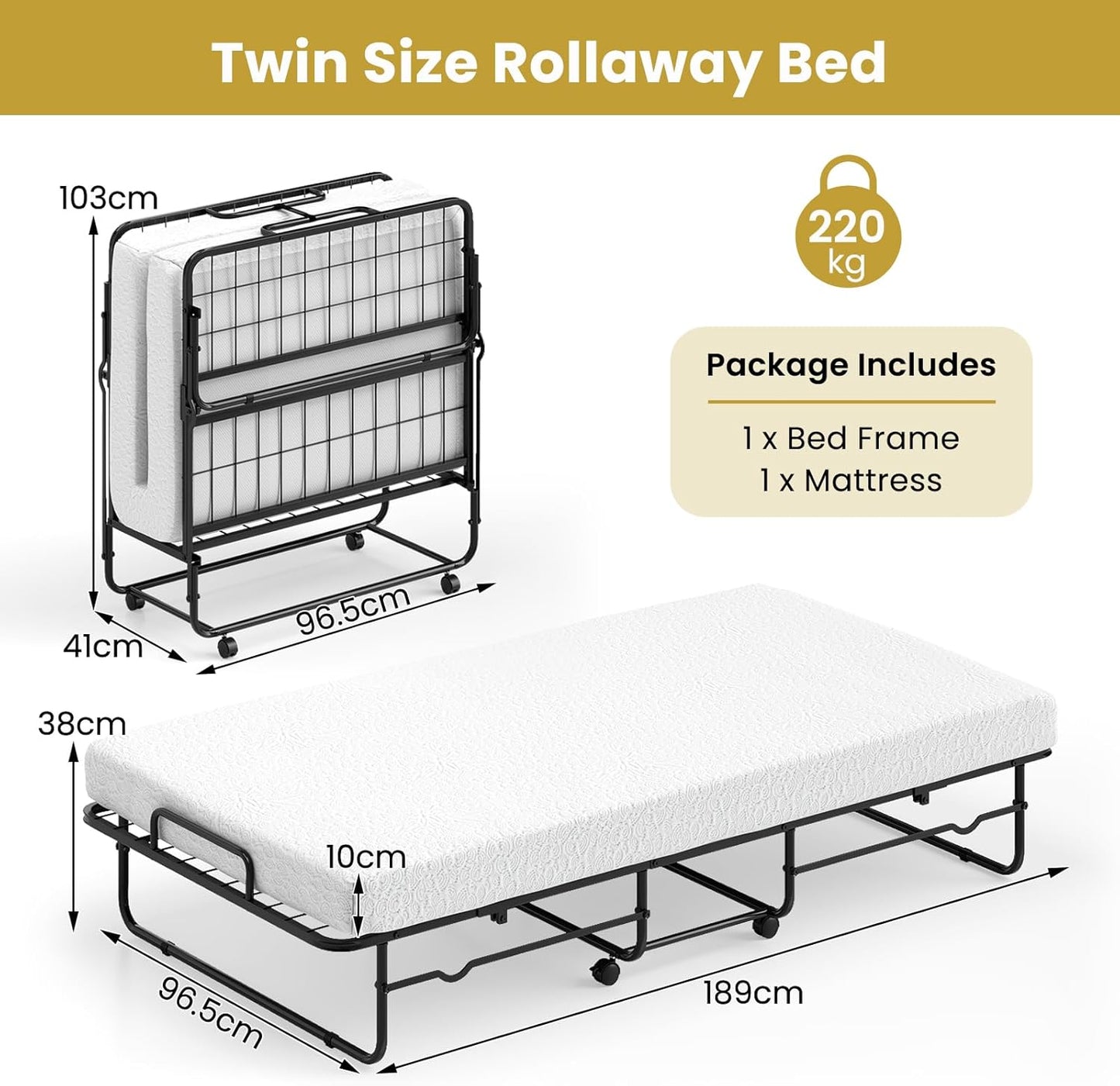 Giantex Twin Size Folding Bed, Rollaway Guest Bed with Memory Foam Mattress & Heavy-Duty Metal Frame, Portable Sleeper Bed with Lockable Wheels for Guest Room, Apartment