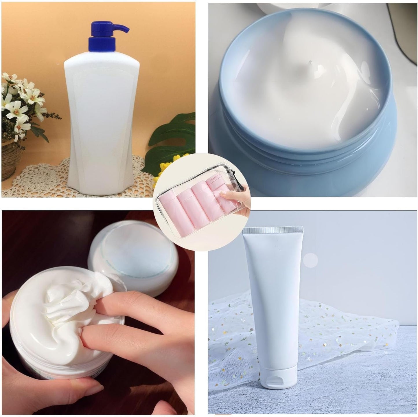 Shengsenfu Bottles for Toiletries, 5 Pack Travel Size Containers Silicone Travel Bottles Set with Clear Zipper Toiletry Bag, Leakproof Refillable Squeeze Containers for Shampoo (White)